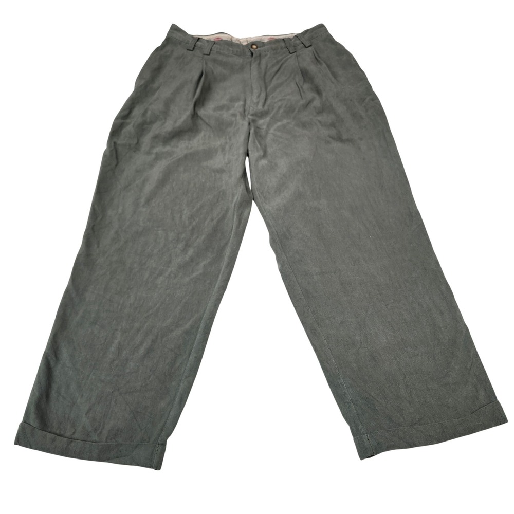 Tommy Bahama 100% Silk Pleated Herringbone Trousers Olive High Rise Pants 33x29